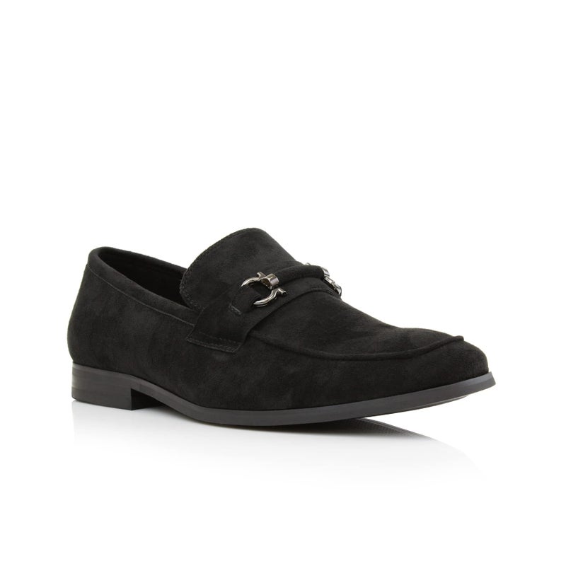 Ferro Aldo Demetri MFA19683 Classic MocToe Penny Loafers with Decroative Buckle for Men in Black Suede Size 12