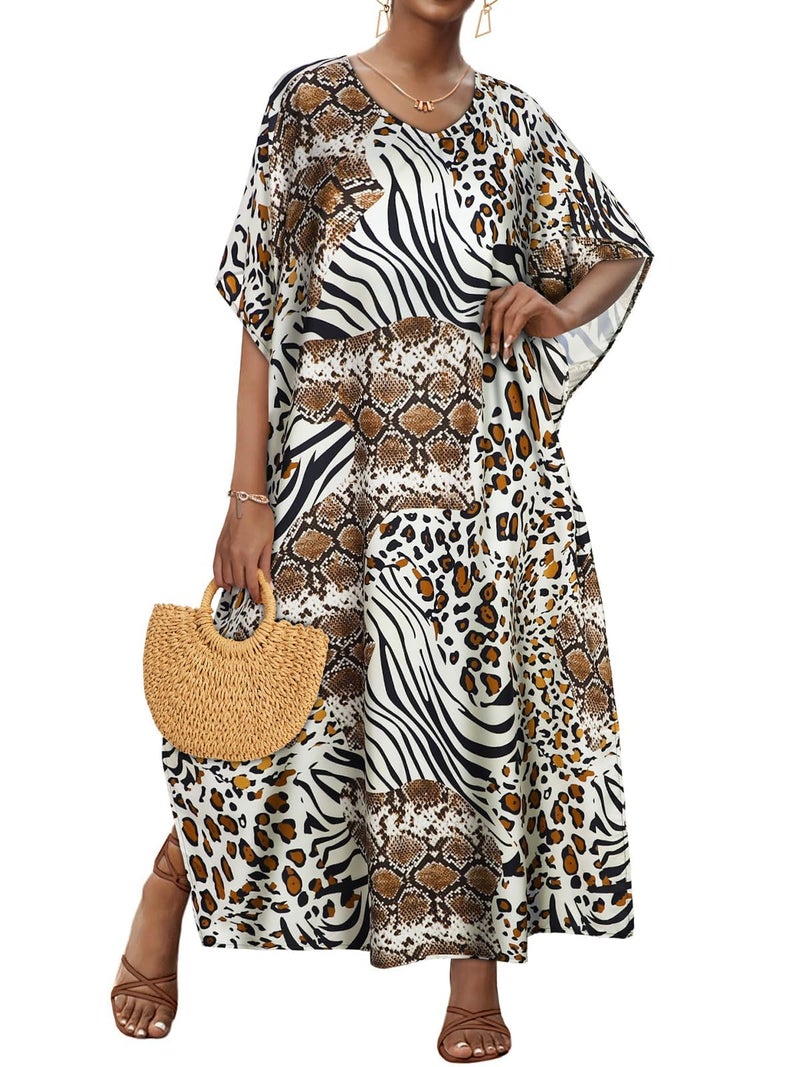 JILUVIN Kaftan Dresses for Women Plus Size V Neck Caftan Long Batwing Sleeve Swimsuit Cover Up Beach Swimwear (Leopard Zebra Print,One Size) - Image 1