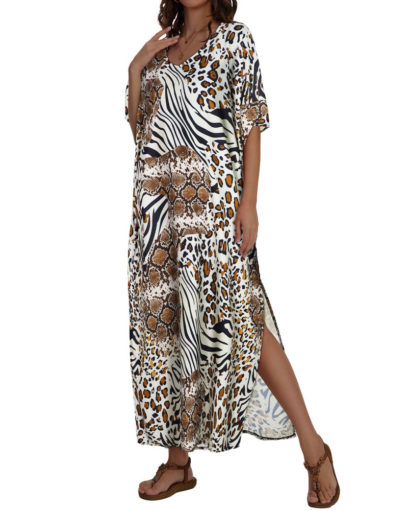 JILUVIN Kaftan Dresses for Women Plus Size V Neck Caftan Long Batwing Sleeve Swimsuit Cover Up Beach Swimwear (Leopard Zebra Print,One Size) - Image 5