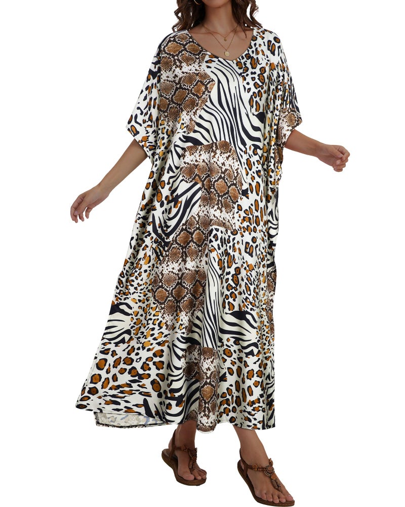 JILUVIN Kaftan Dresses for Women Plus Size V Neck Caftan Long Batwing Sleeve Swimsuit Cover Up Beach Swimwear (Leopard Zebra Print,One Size) - Image 4