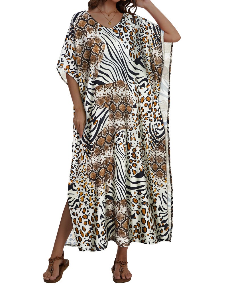 JILUVIN Kaftan Dresses for Women Plus Size V Neck Caftan Long Batwing Sleeve Swimsuit Cover Up Beach Swimwear (Leopard Zebra Print,One Size) - Image 2