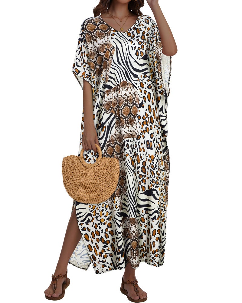 JILUVIN Kaftan Dresses for Women Plus Size V Neck Caftan Long Batwing Sleeve Swimsuit Cover Up Beach Swimwear (Leopard Zebra Print,One Size) - Image 3