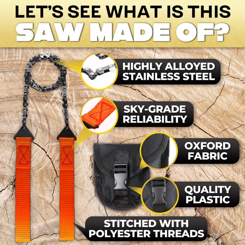 VIKROM Rope Saw for Tree Limbs - Pocket Chainsaw for Survival with Bag | Stainless Steel 25" Folding Tree Saw with Bi-Directional Teeth, Essential for Camping Gear Survival Gear Compact Design for Easy Carry - Image 3
