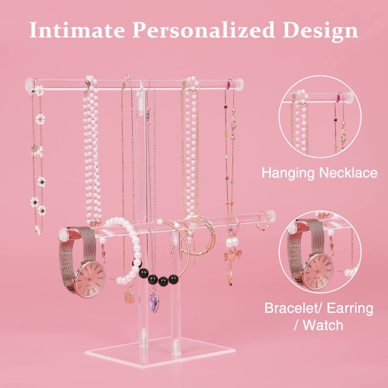 Suneerplay Jewelry Stand Necklace Holder, Acrylic Jewelry Display Holder, Necklace and Bracelet Hanging Organizer, Clear 2-Tier Tower Stand for Bangles, Necklaces, Bracelets, Rings, Earrings and Watch - Image 3