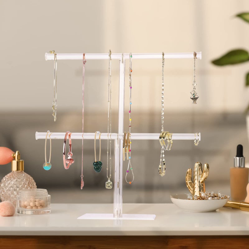 Suneerplay Jewelry Stand Necklace Holder, Acrylic Jewelry Display Holder, Necklace and Bracelet Hanging Organizer, Clear 2-Tier Tower Stand for Bangles, Necklaces, Bracelets, Rings, Earrings and Watch - Image 4