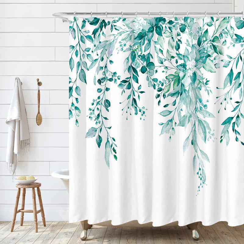Tititex Tititex Teal Eucalyptus Shower Curtain, Watercolor Turquoise Leaves on The Top Plant with Floral Bathroom Decoration Shower Curtain Sets 72x72 Inch with Hooks  - Image 2