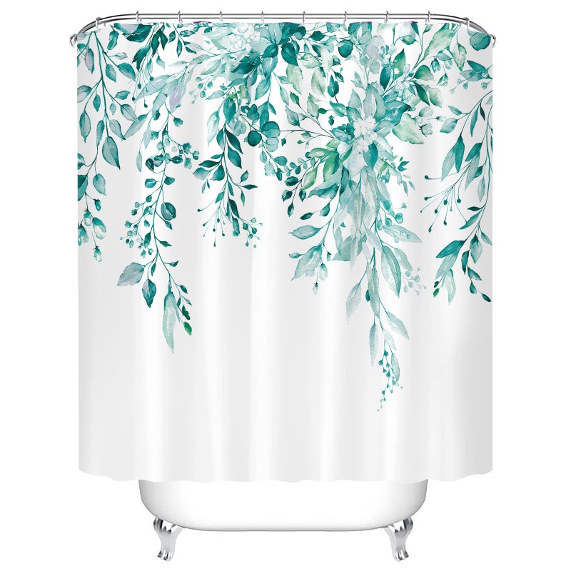Tititex Tititex Teal Eucalyptus Shower Curtain, Watercolor Turquoise Leaves on The Top Plant with Floral Bathroom Decoration Shower Curtain Sets 72x72 Inch with Hooks  - Image 4