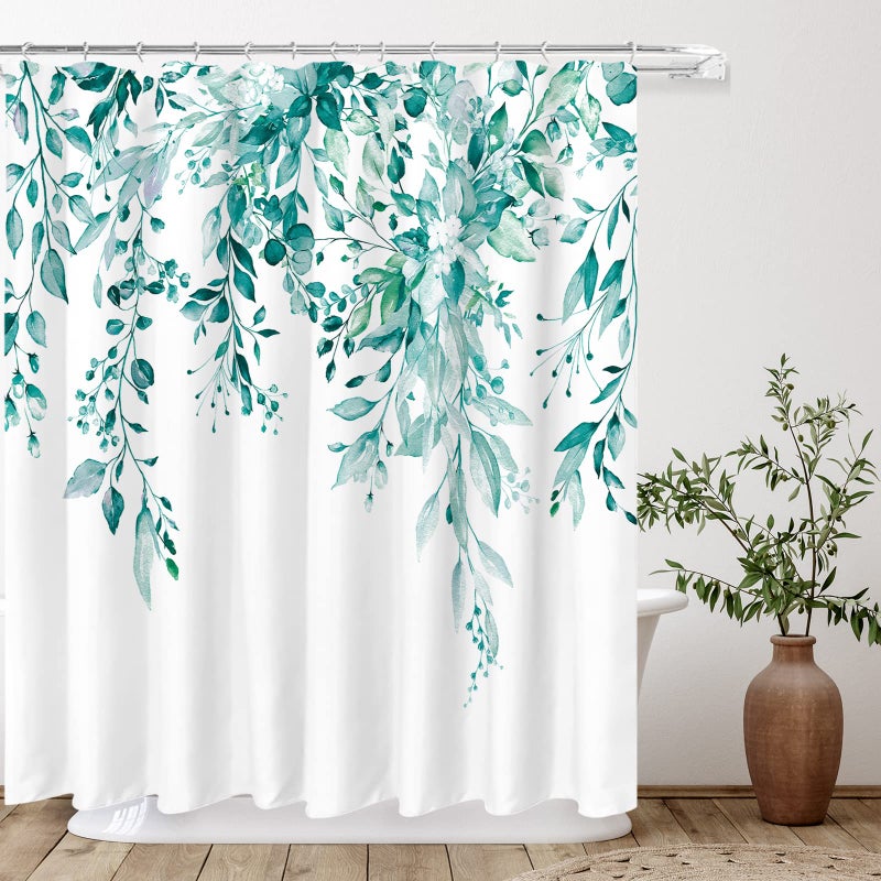 Tititex Tititex Teal Eucalyptus Shower Curtain, Watercolor Turquoise Leaves on The Top Plant with Floral Bathroom Decoration Shower Curtain Sets 72x72 Inch with Hooks  - Image 3