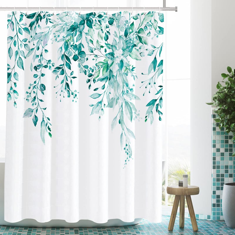 Tititex Tititex Teal Eucalyptus Shower Curtain, Watercolor Turquoise Leaves on The Top Plant with Floral Bathroom Decoration Shower Curtain Sets 72x72 Inch with Hooks  - Image 1