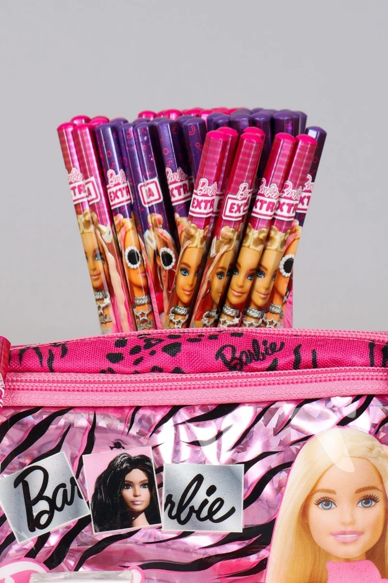 Barbie Licensed "Pınk Love" Set Pencil Bag, Heart Pencil Sharpener, 2 Piece Pencil and Eraser Set