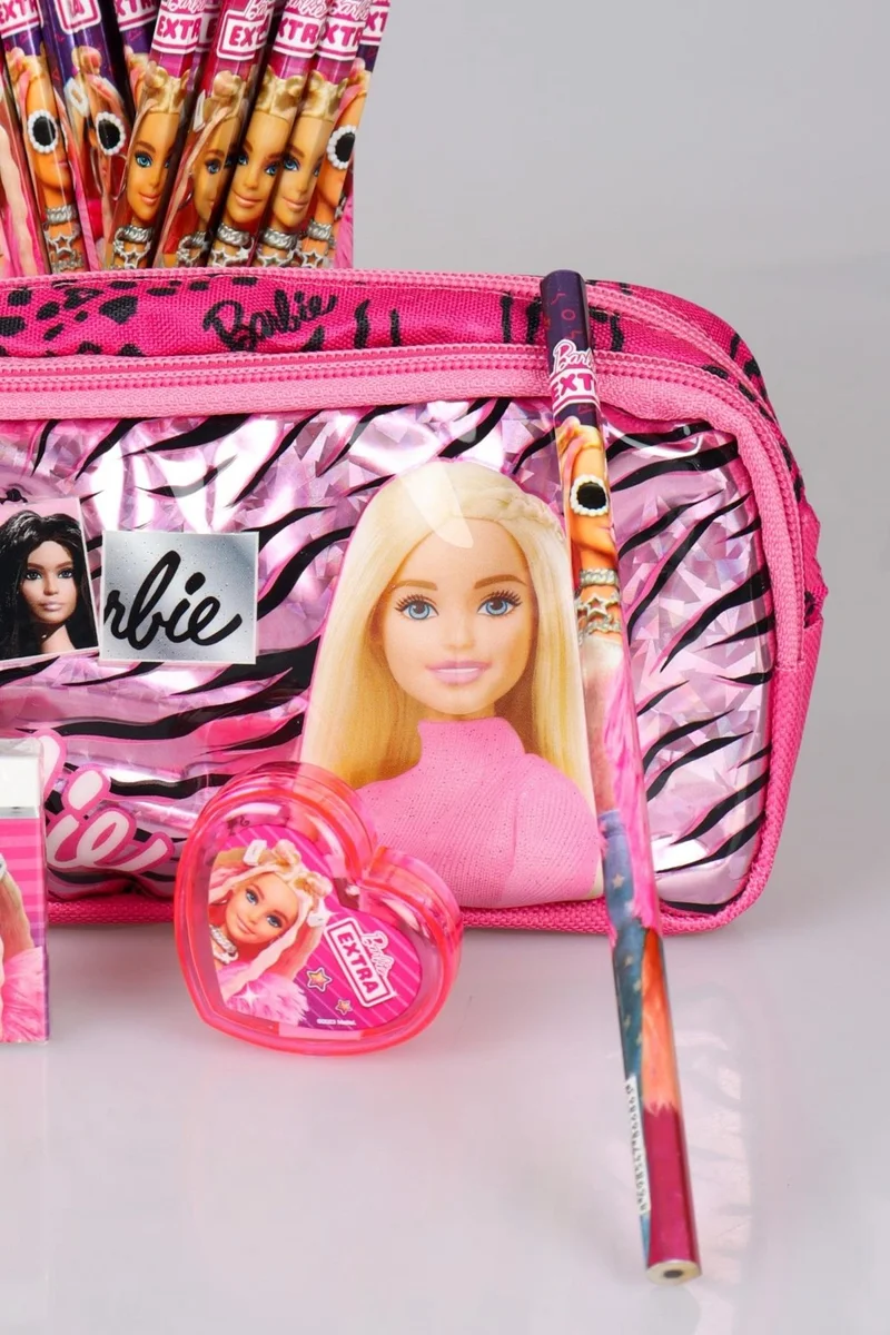 Barbie Licensed "Pınk Love" Set Pencil Bag, Heart Pencil Sharpener, 2 Piece Pencil and Eraser Set
