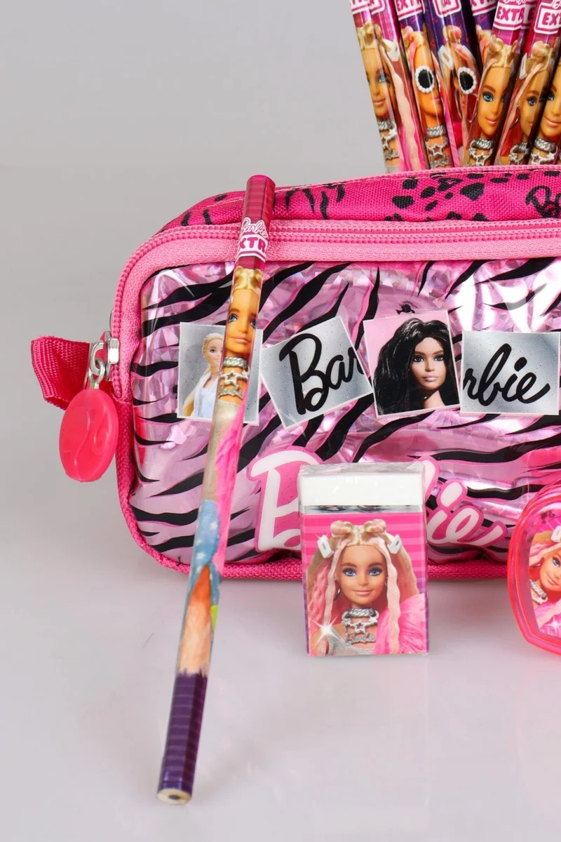 Barbie Licensed "Pınk Love" Set Pencil Bag, Heart Pencil Sharpener, 2 Piece Pencil and Eraser Set