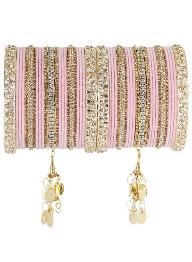 ZULKA Trendy Velvet Bridal Chuda Set With Zircon Gemstone & Beads and Linked With Latkan | AD Chuda Set | Wedding Kada Set | Bangles For Women - Set of 46 (ZU_BridalChuda-2_Latkan-Gold-Pink-2.4) - Image 1