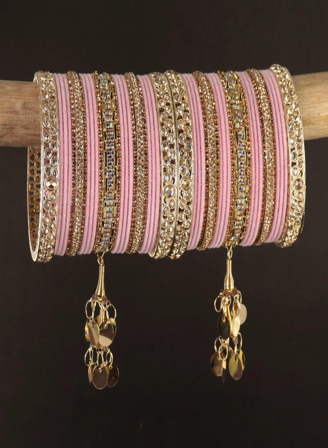 ZULKA Trendy Velvet Bridal Chuda Set With Zircon Gemstone & Beads and Linked With Latkan | AD Chuda Set | Wedding Kada Set | Bangles For Women - Set of 46 (ZU_BridalChuda-2_Latkan-Gold-Pink-2.4) - Image 3