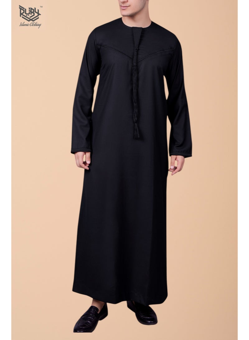 روبي للملابس الإسلامية ثوب إماراتي كلاسيكي أسود للرجال مع سحاب وتطريز معقد - كفتان رجالي بياقة مستديرة وأكمام طويلة وعباءة قطنية سعودية - Image 1