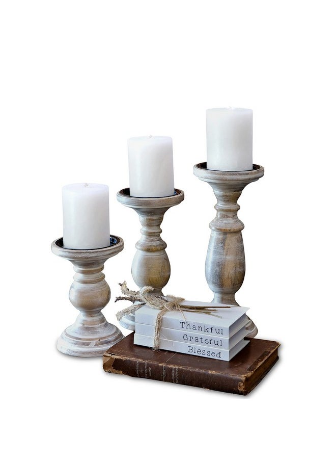 MAINEVENT Candle Holders for Pillar Candles, Wooden Table Centerpiece, Set of 3, Wood Candle Holders, Rustic Pillar Candle Holder, Farmhouse Candle Holders Fireplace White  - Image 1