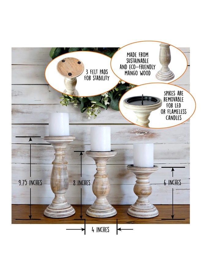 MAINEVENT Candle Holders for Pillar Candles, Wooden Table Centerpiece, Set of 3, Wood Candle Holders, Rustic Pillar Candle Holder, Farmhouse Candle Holders Fireplace White  - Image 3