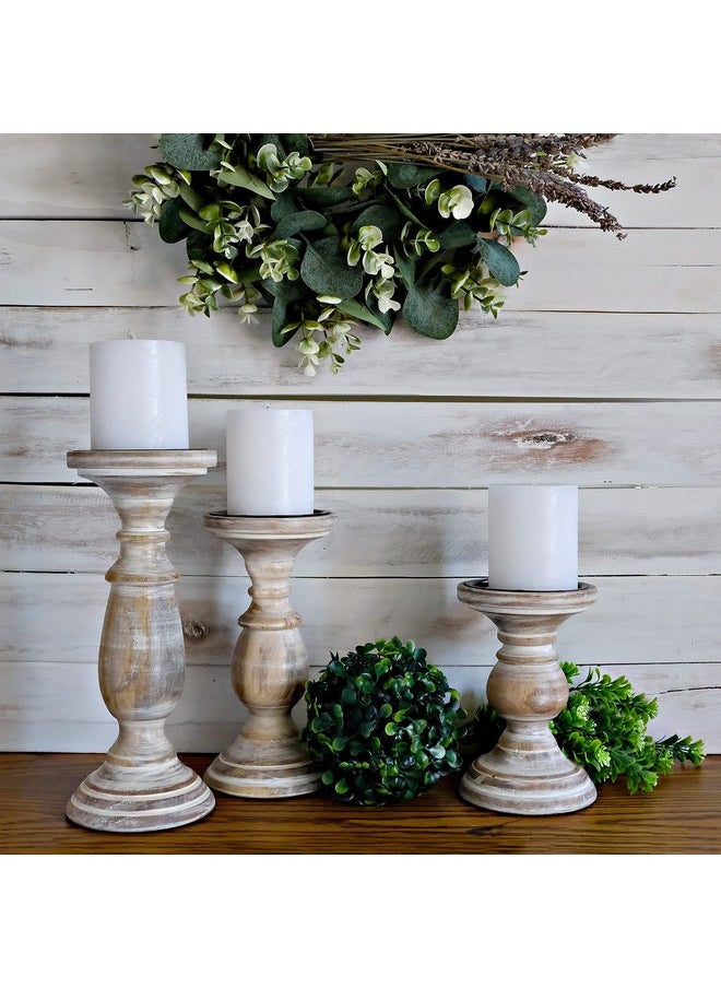 MAINEVENT Candle Holders for Pillar Candles, Wooden Table Centerpiece, Set of 3, Wood Candle Holders, Rustic Pillar Candle Holder, Farmhouse Candle Holders Fireplace White  - Image 2