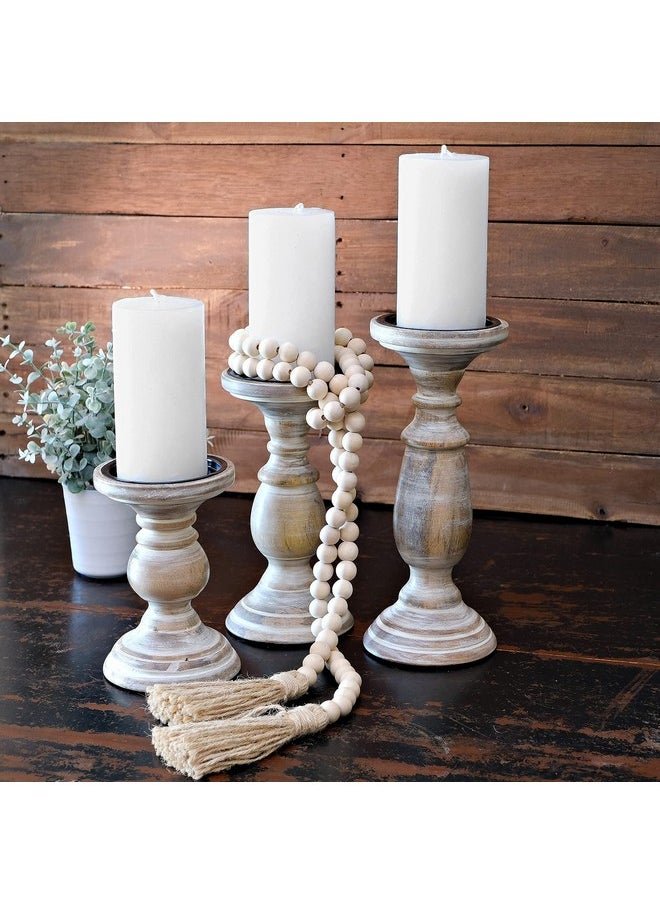 MAINEVENT Candle Holders for Pillar Candles, Wooden Table Centerpiece, Set of 3, Wood Candle Holders, Rustic Pillar Candle Holder, Farmhouse Candle Holders Fireplace White  - Image 4