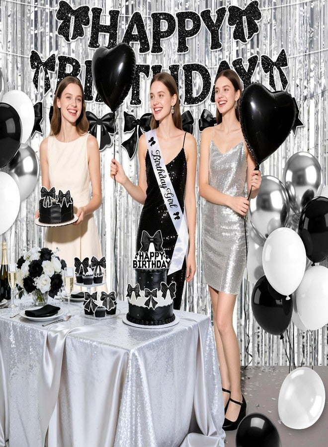 REDWORD Black Bow Birthday Decoration, 72PCs Black Birthday Decorations Including Sash Balloons Silver Fringe Curtains Happy Birthday Banner Bow Garland for Women Girls Theme Baby Shower Party Supplies - Image 5