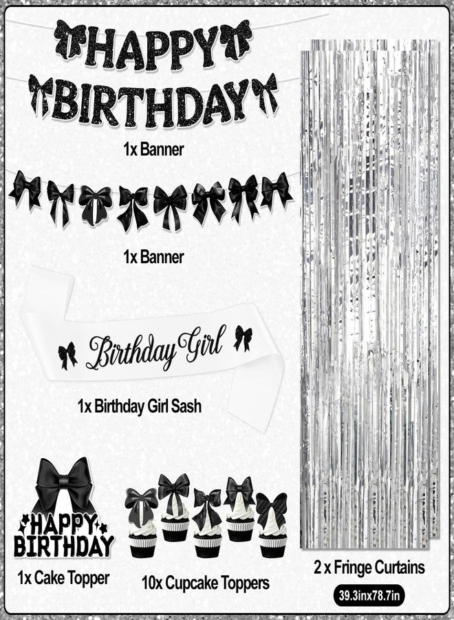 REDWORD Black Bow Birthday Decoration, 72PCs Black Birthday Decorations Including Sash Balloons Silver Fringe Curtains Happy Birthday Banner Bow Garland for Women Girls Theme Baby Shower Party Supplies - Image 2