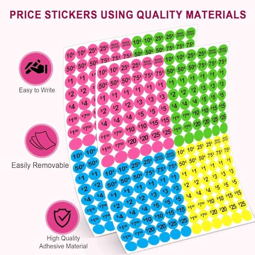 Dreecy Yard Sale Price Stickers Garage Sale Pre-Priced Price Tag Labels, 1920 PCS 3/4" Diameter Flea Market Pre-Printed Pricing Stickers for Retail,Bright Neon Colors (Pink Green Blue Yellow) - Image 3