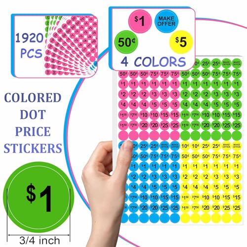 Dreecy Yard Sale Price Stickers Garage Sale Pre-Priced Price Tag Labels, 1920 PCS 3/4" Diameter Flea Market Pre-Printed Pricing Stickers for Retail,Bright Neon Colors (Pink Green Blue Yellow) - Image 5