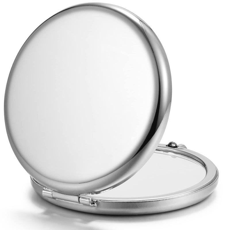 Getinbulk Compact Mirror for Purse DoubleSided 1X2X Magnifying Metal Pocket Makeup MirrorsRound Silver