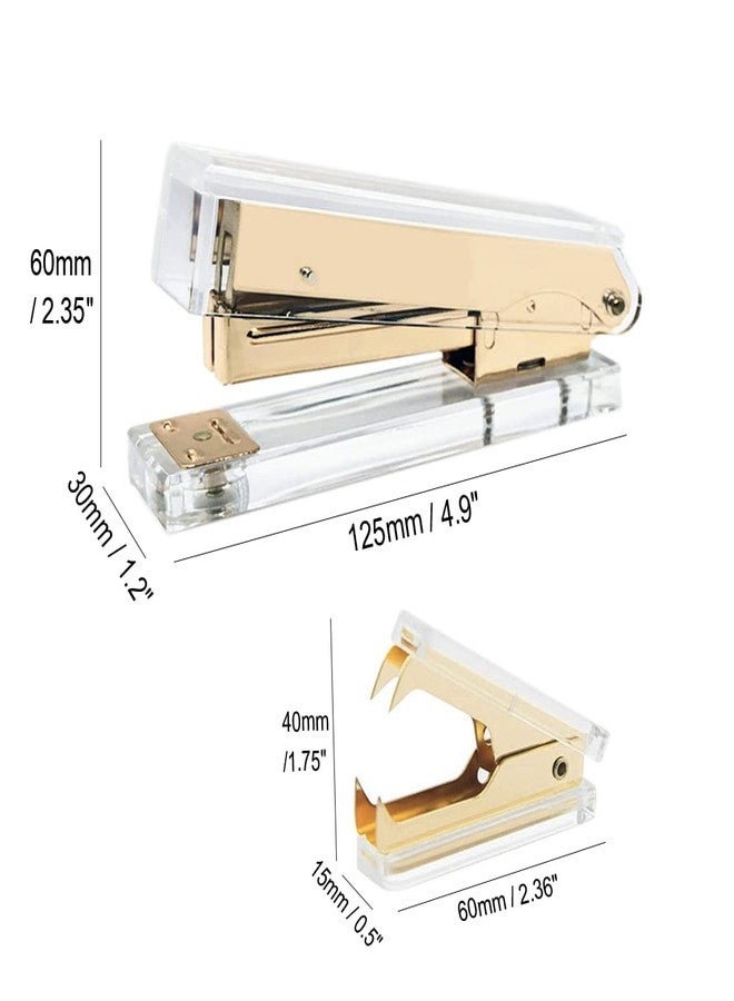 مي يي تيان مجموعة أدوات مكتبية: دباسة ومزيل دبابيس، دباسة يدوية شفافة من الأكريليك بلون ذهبي داكن، وأداة إزالة دبابيس، مناسبة لمستلزمات المكتب. - Image 2