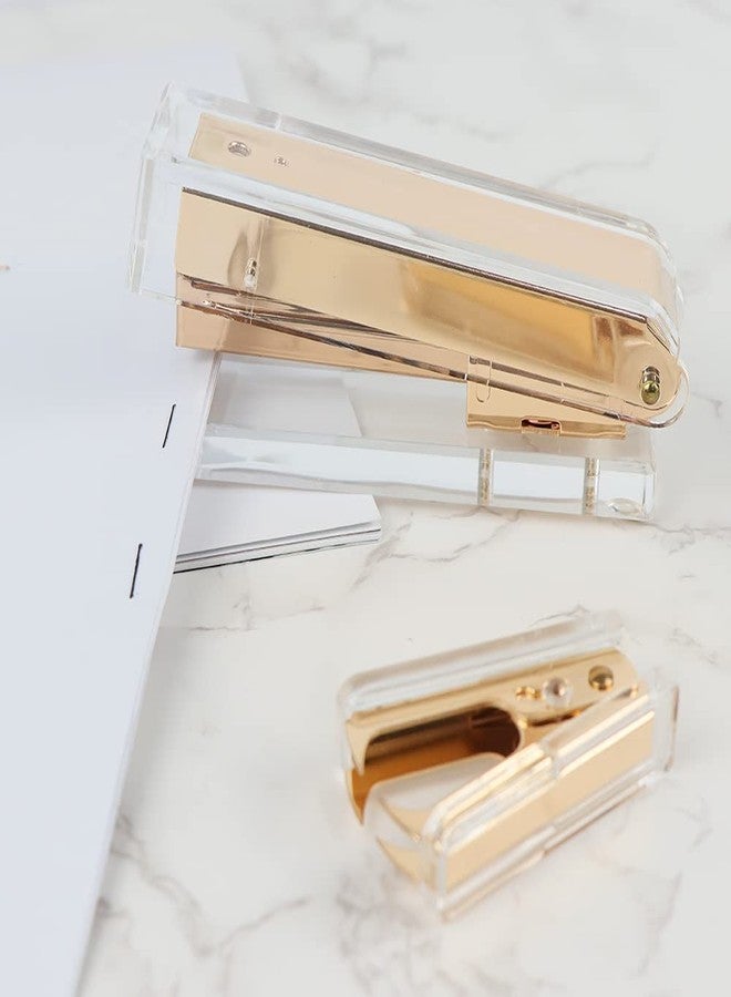 مي يي تيان مجموعة أدوات مكتبية: دباسة ومزيل دبابيس، دباسة يدوية شفافة من الأكريليك بلون ذهبي داكن، وأداة إزالة دبابيس، مناسبة لمستلزمات المكتب. - Image 3