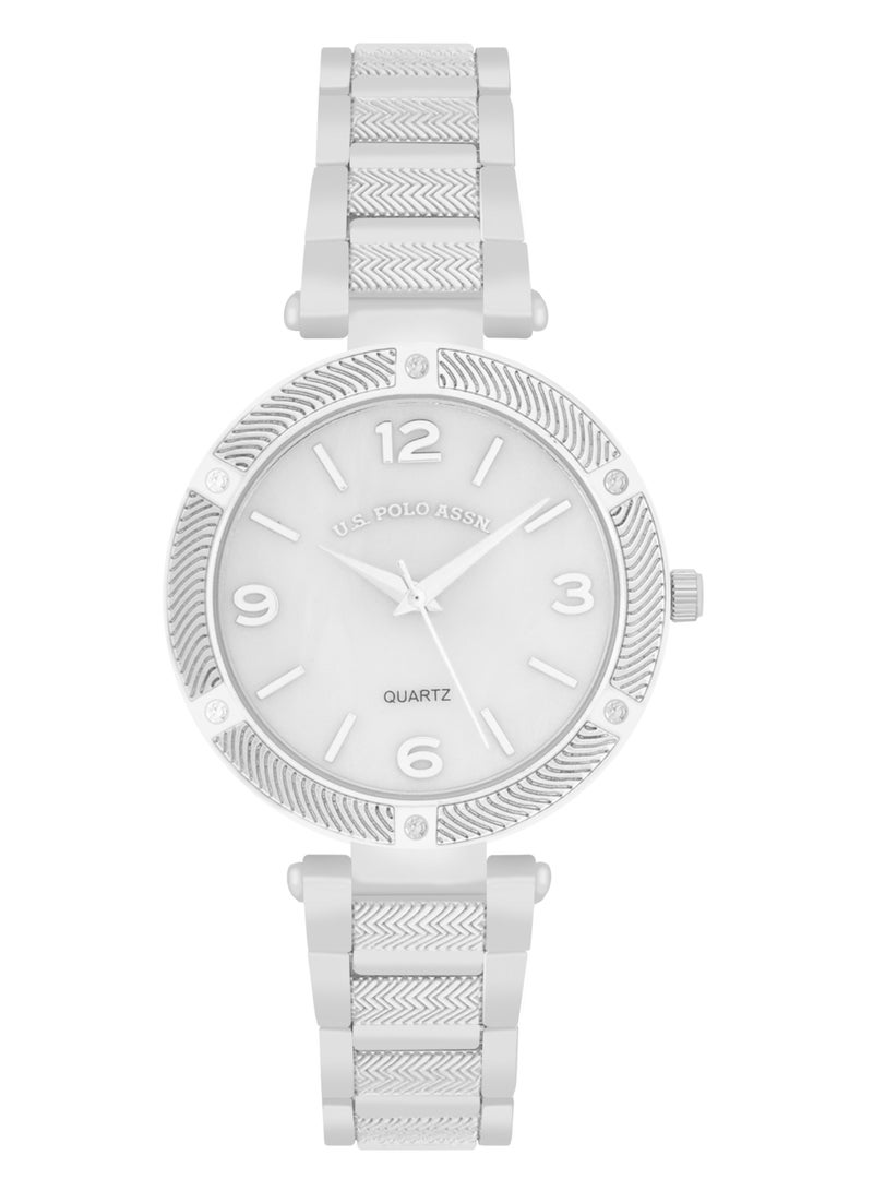 يو اس بولو اسن طقم ساعة كوارتز أنالوج مطلية بالفضة مع سوار للنساء - Image 3