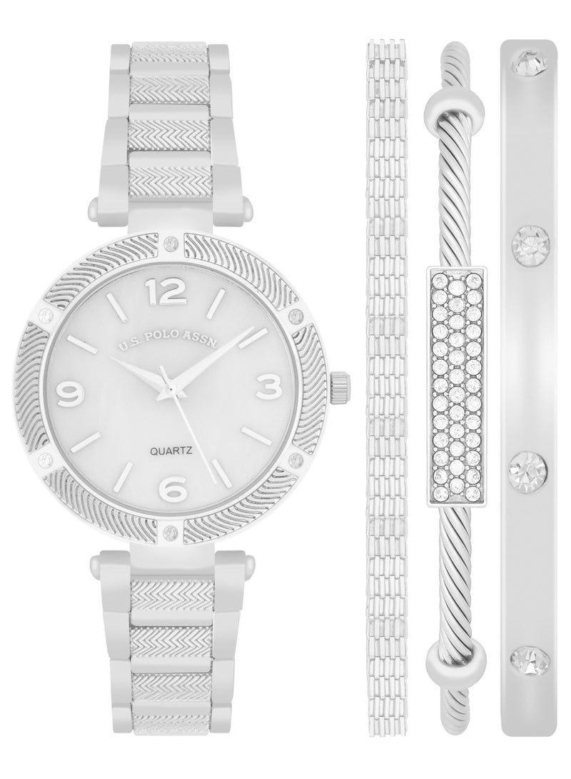 يو اس بولو اسن طقم ساعة كوارتز أنالوج مطلية بالفضة مع سوار للنساء - Image 1
