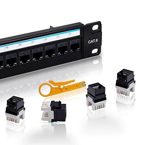 Lysymixs Cat6 Patch Panel 24 Port with Keystone, RJ45 Network Panel 19 Inch, Punch Down Keystone Ethernet Patch Panel with Back Bar - Image 1