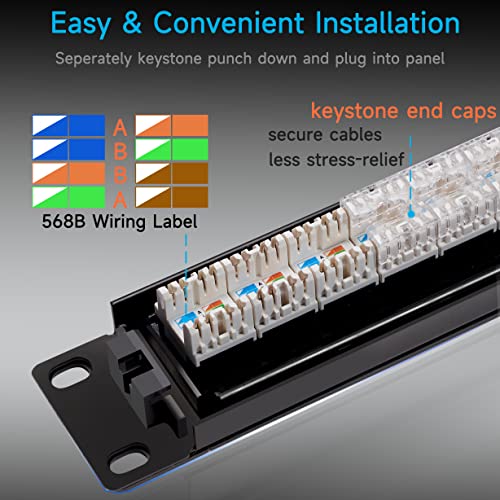 Lysymixs Cat6 Patch Panel 24 Port with Keystone, RJ45 Network Panel 19 Inch, Punch Down Keystone Ethernet Patch Panel with Back Bar - Image 2