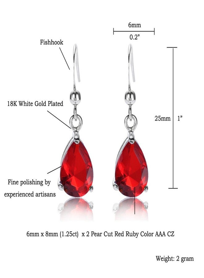 RIZILIA Dangle Drop Pierced Earrings with Pear Cut CZ [Simulated Red Ruby] in White Gold Plated, Simple Modern Elegant - Image 2