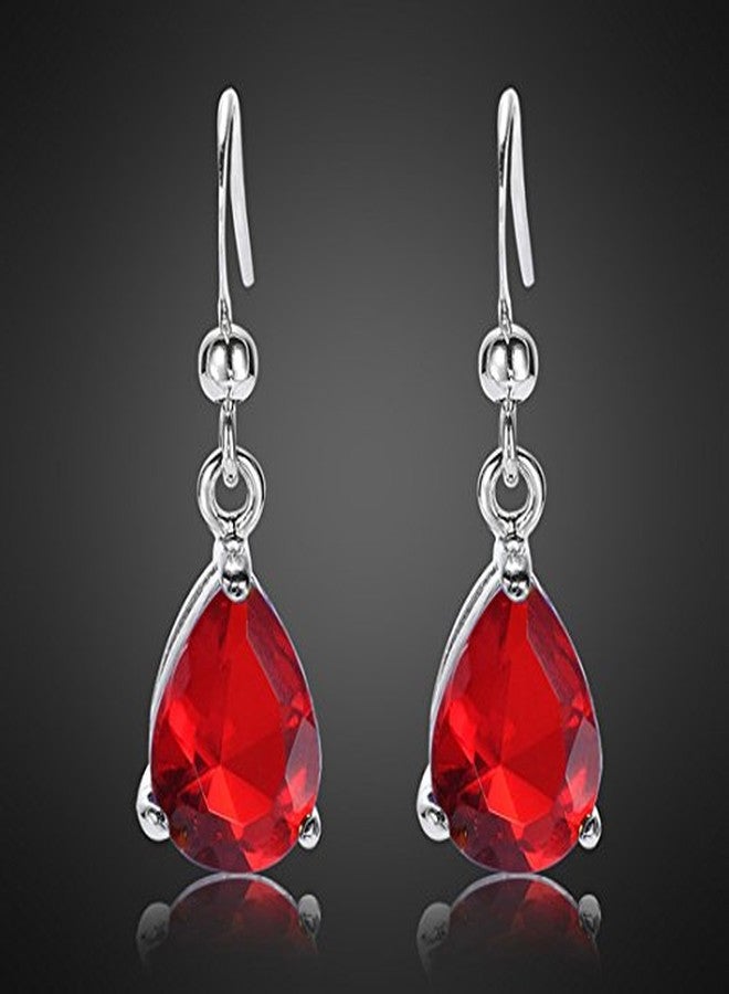 RIZILIA Dangle Drop Pierced Earrings with Pear Cut CZ [Simulated Red Ruby] in White Gold Plated, Simple Modern Elegant - Image 5