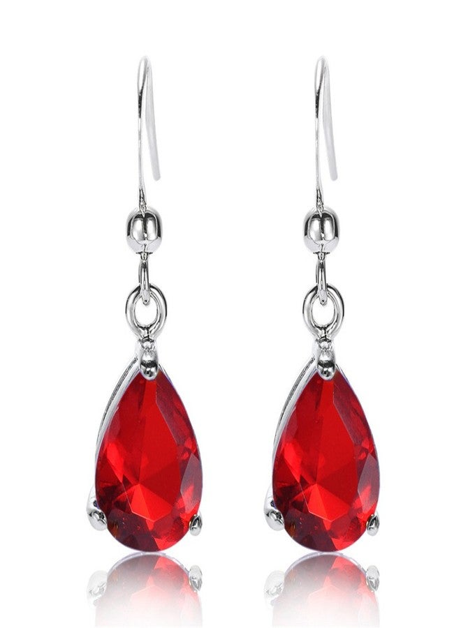 RIZILIA Dangle Drop Pierced Earrings with Pear Cut CZ [Simulated Red Ruby] in White Gold Plated, Simple Modern Elegant - Image 1