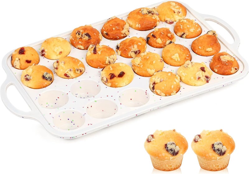 AOTASO 1 Pc Mini Muffin Pans with Metal Reinforced Frame, 24 Cups Nonstick Silicone Cupcake Tray for Baking, Food Grade Small Muffin Molds with Handles (Cream) - Image 1