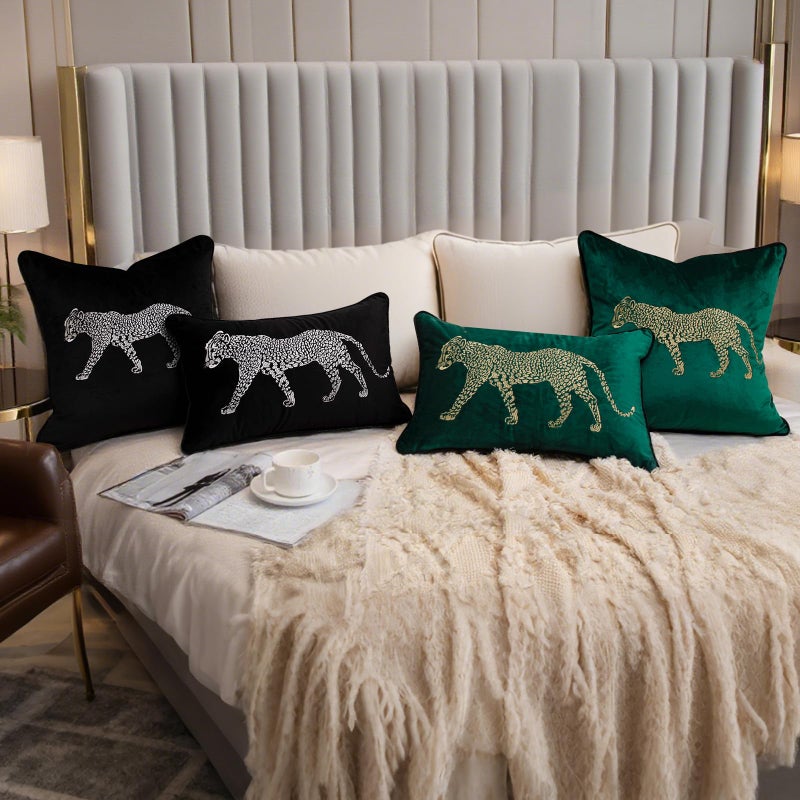 vctops Soft Velvet Embroidery Square Decorative Throw Pillow Covers Leopard Pattern Cushion Case for Sofa Bedroom Couch (Green,18"x18") - Image 4