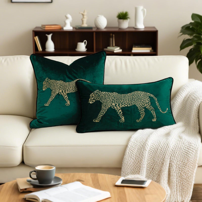 vctops Soft Velvet Embroidery Square Decorative Throw Pillow Covers Leopard Pattern Cushion Case for Sofa Bedroom Couch (Green,18"x18") - Image 2