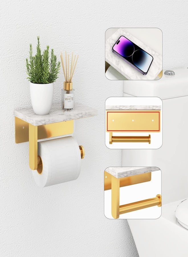 Gypie Brushed Gold Toilet Paper Holder with Natural Marble Shelf, 304 Stainless Steel Screw Wall Mounted, Tissue Roll Paper Holder Dispenser for Bathroom Washroom - Image 2