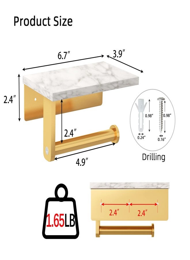Gypie Brushed Gold Toilet Paper Holder with Natural Marble Shelf, 304 Stainless Steel Screw Wall Mounted, Tissue Roll Paper Holder Dispenser for Bathroom Washroom - Image 4