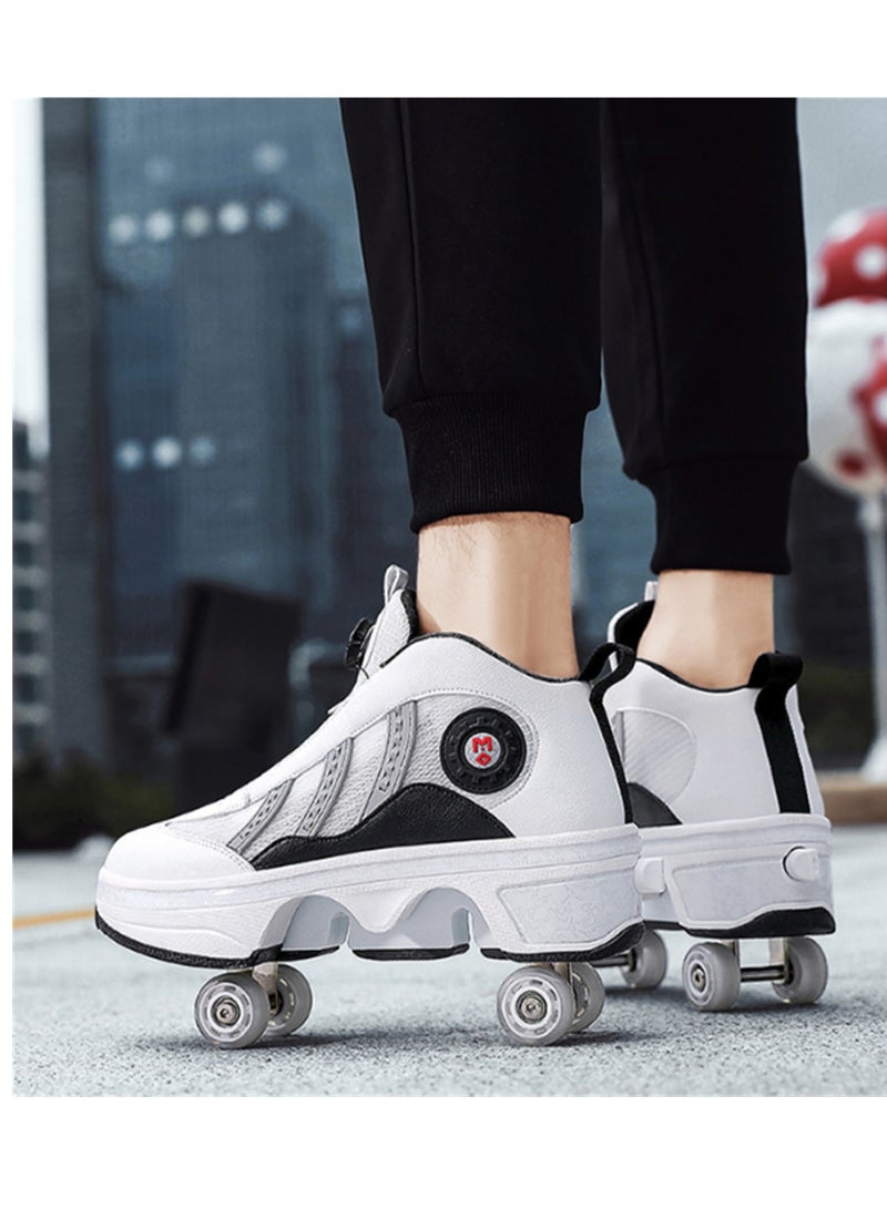 Loquat Four-Wheel Walking Shoes Can Be Retractable Deformation Shoes Rotary Buckle Roller Skates White  - Image 1