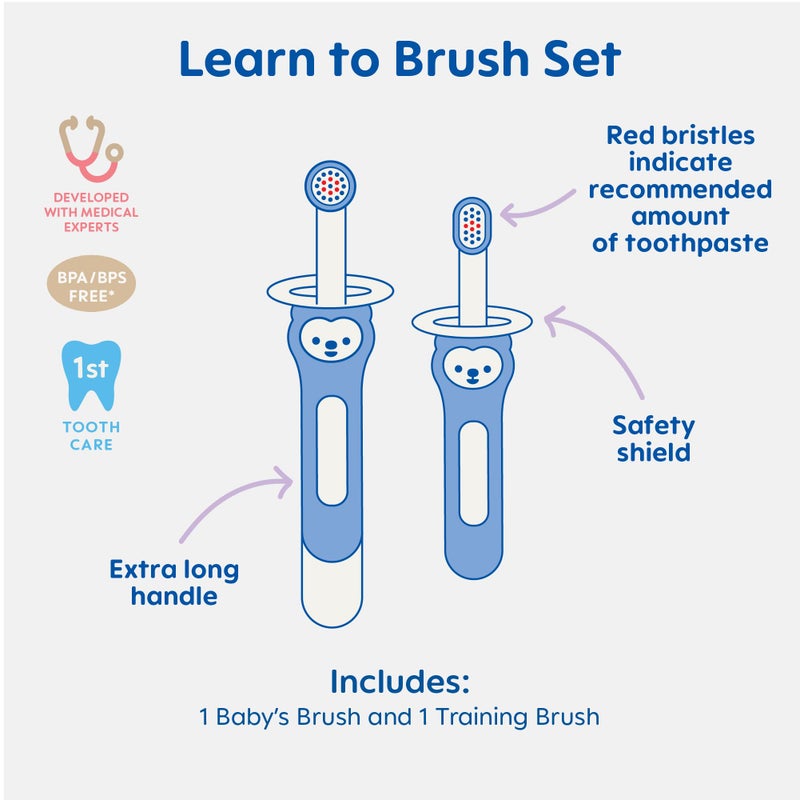 MAM Learn to Brush Set (1 Baby's Brush Toothbrush, 1 Training Brush, 1 Safety Shield), Baby Toothbrushes with Brushy The Bear, Interactive App, for Girls 5+ Months, Blue - Image 2