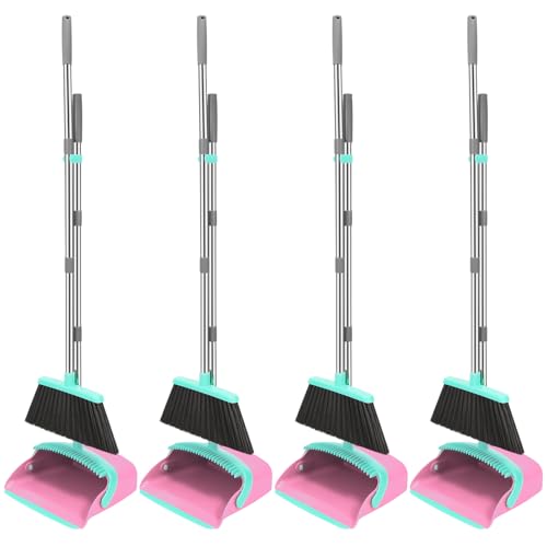 NACENA Broom and Dustpan Set, 52-in Long Adjustable Handle Broom Dustpan Combo with Dustpan Teeth to Automatically Clean Hair Suitable for Home Kitchen Office Hall Floor (Pink&Blue), 4 Pack - Image 1