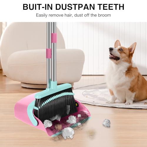 NACENA Broom and Dustpan Set, 52-in Long Adjustable Handle Broom Dustpan Combo with Dustpan Teeth to Automatically Clean Hair Suitable for Home Kitchen Office Hall Floor (Pink&Blue), 4 Pack - Image 4
