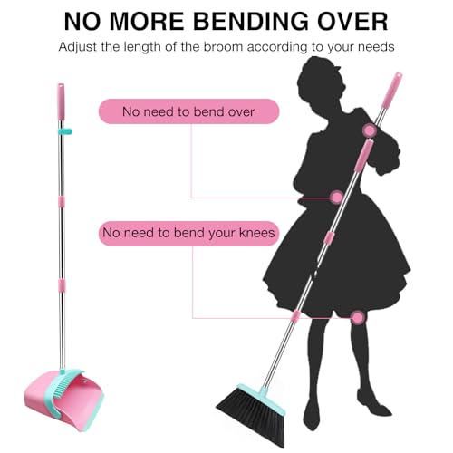 NACENA Broom and Dustpan Set, 52-in Long Adjustable Handle Broom Dustpan Combo with Dustpan Teeth to Automatically Clean Hair Suitable for Home Kitchen Office Hall Floor (Pink&Blue), 4 Pack - Image 3