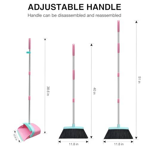 NACENA Broom and Dustpan Set, 52-in Long Adjustable Handle Broom Dustpan Combo with Dustpan Teeth to Automatically Clean Hair Suitable for Home Kitchen Office Hall Floor (Pink&Blue), 4 Pack - Image 2