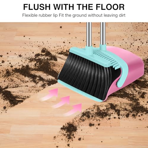 NACENA Broom and Dustpan Set, 52-in Long Adjustable Handle Broom Dustpan Combo with Dustpan Teeth to Automatically Clean Hair Suitable for Home Kitchen Office Hall Floor (Pink&Blue), 4 Pack - Image 5