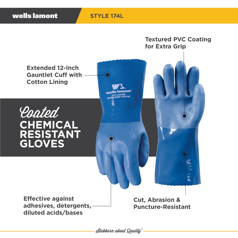 Wells Lamont Heavy Duty Rubber Gloves with PVC Coating, Chemical and Abrasion Resistant, Waterproof, 12-Inch Cuff, Large, Blue (174L) - Image 2